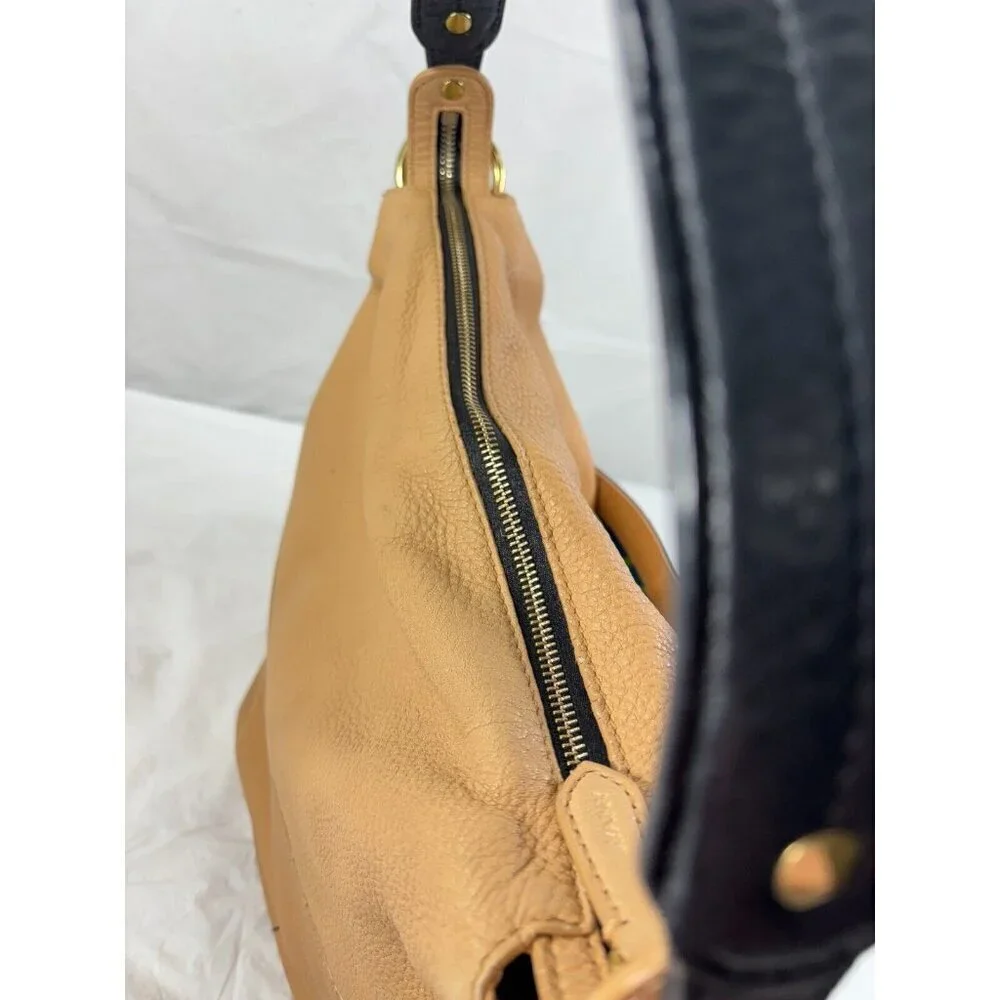 Oryany Adele Colorblock Tan & Brown Pebbled Leather Hobo Shoulder Handbag
